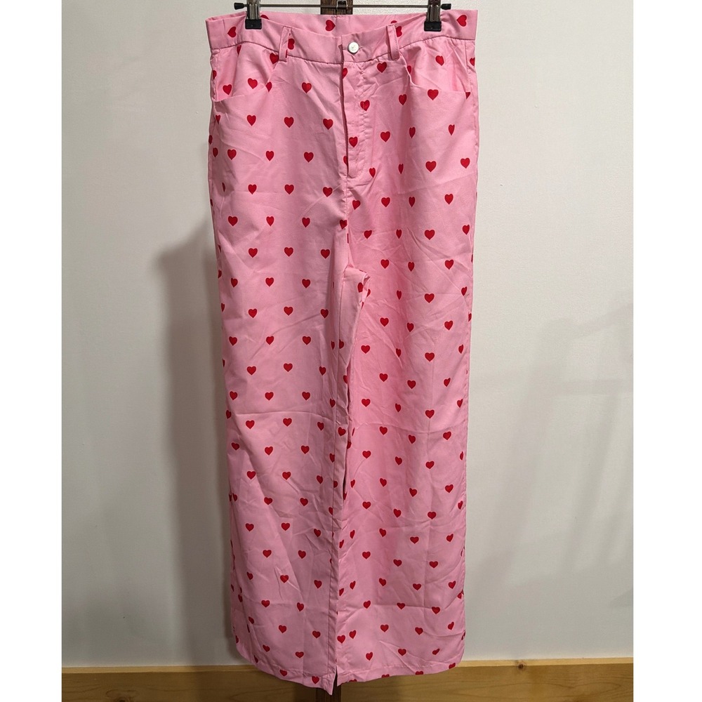 Pink Red Heart Print Wide Leg Trousers High Waisted Pants Large